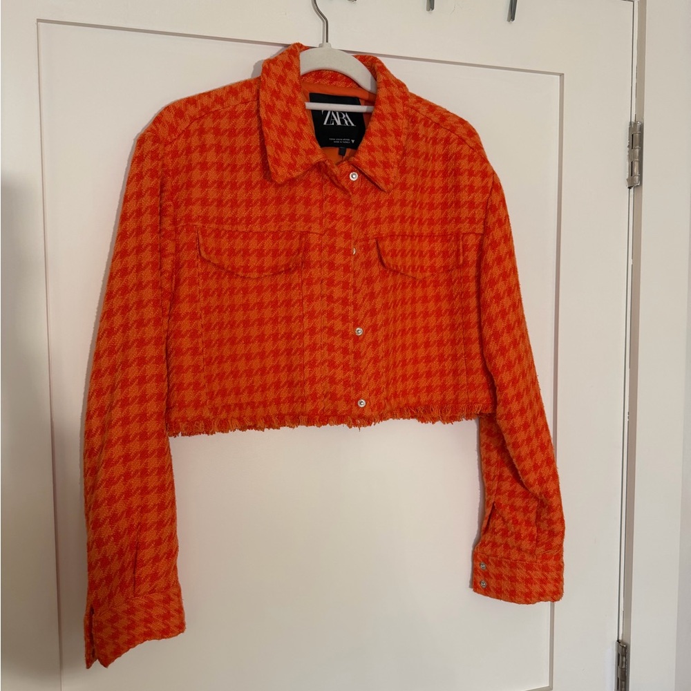 Zara Orange Houndstooth Cropped Blazer